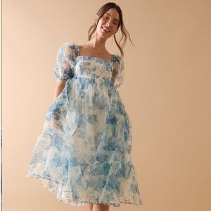 💙🤍 Blue & Cream Puff Sleeve Baby Doll Midi Dress 🤍💙